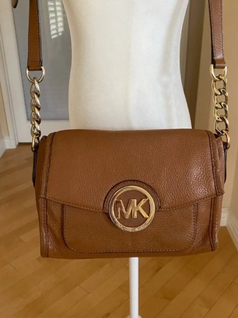 Michael Kors Pebbled Leather Tan/Brown Crossbody Bag with Gold Chain